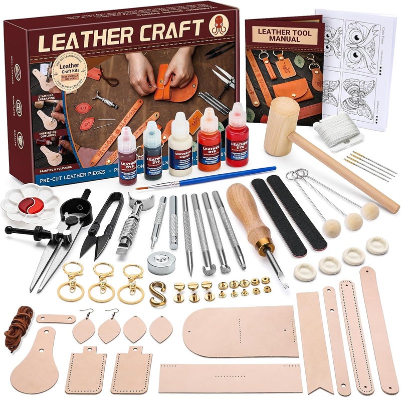 CBHGFEA Leather Crafting Kit: Leather Working Tools and Supplies for DIY Craft Beginners Stamping Dyeing Carving Sewing Edge Sealing with Video Tutorials for Earrings Wallet Keychain Wristband Bookmark - Image 1